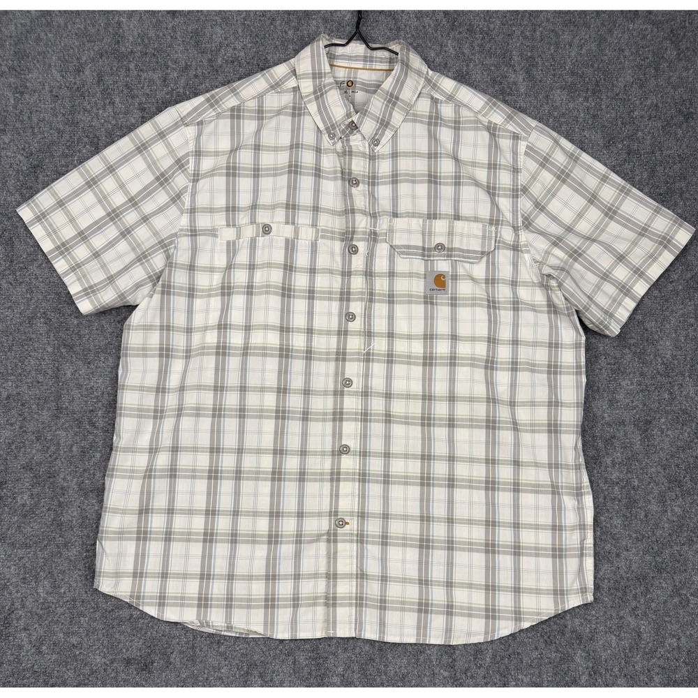 Carhartt Force Mens XL Relaxed Fit Plaid Short Sleeve Fishing Shirt White Grey